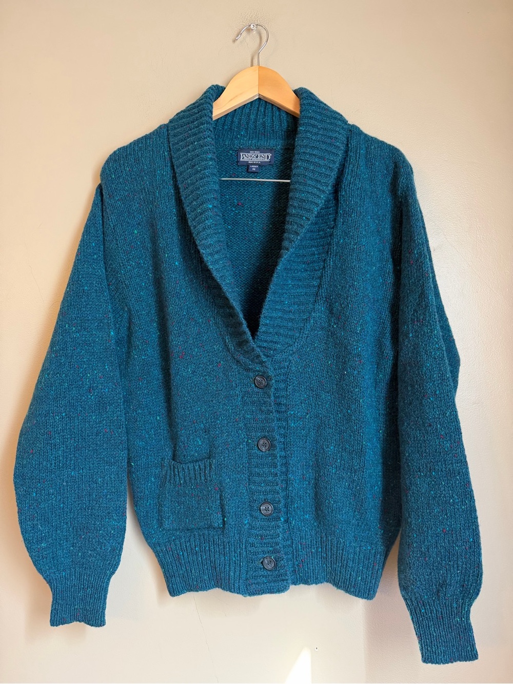 Vtg Lands' End 100% Wool Speckled Shawl Collar Cardigan Sweater Women M